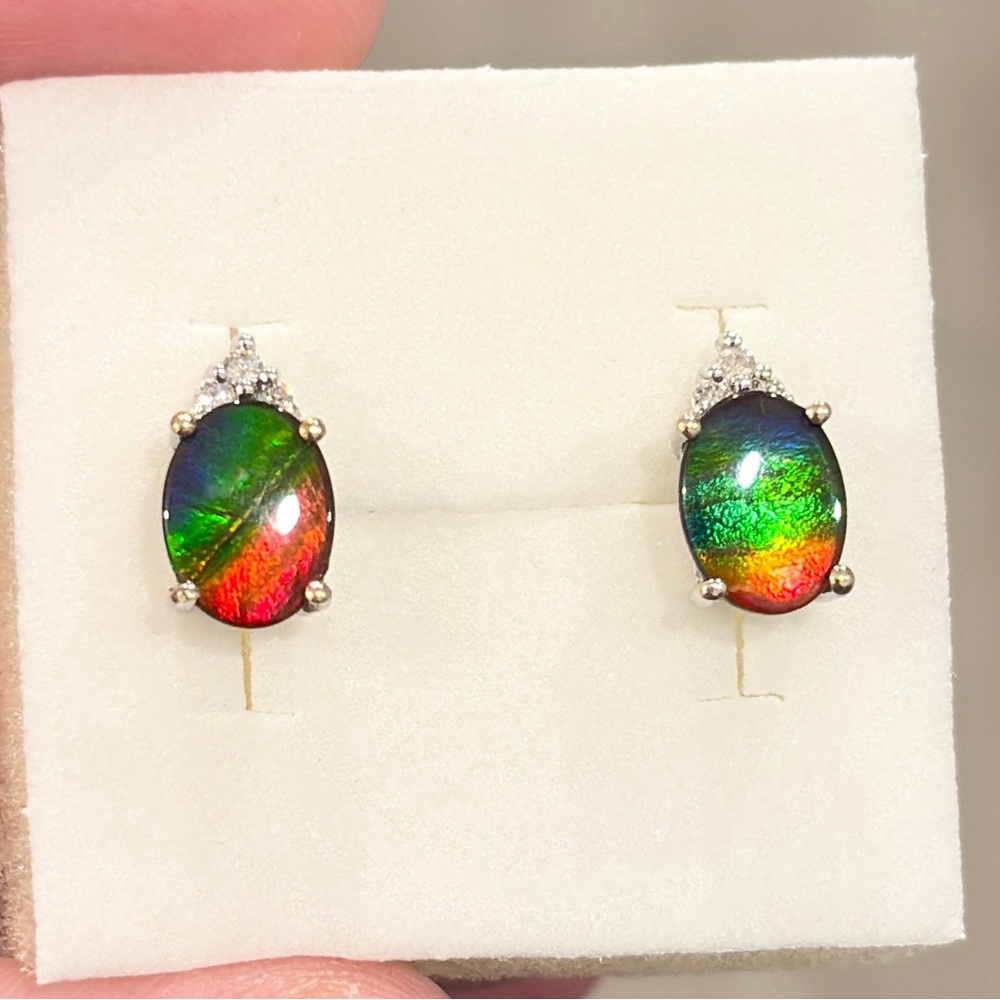14K Ammolite Earrings Diamond Accent White Gold Rainbow AAA Oval Solitaire Studs - Picture 7 of 15